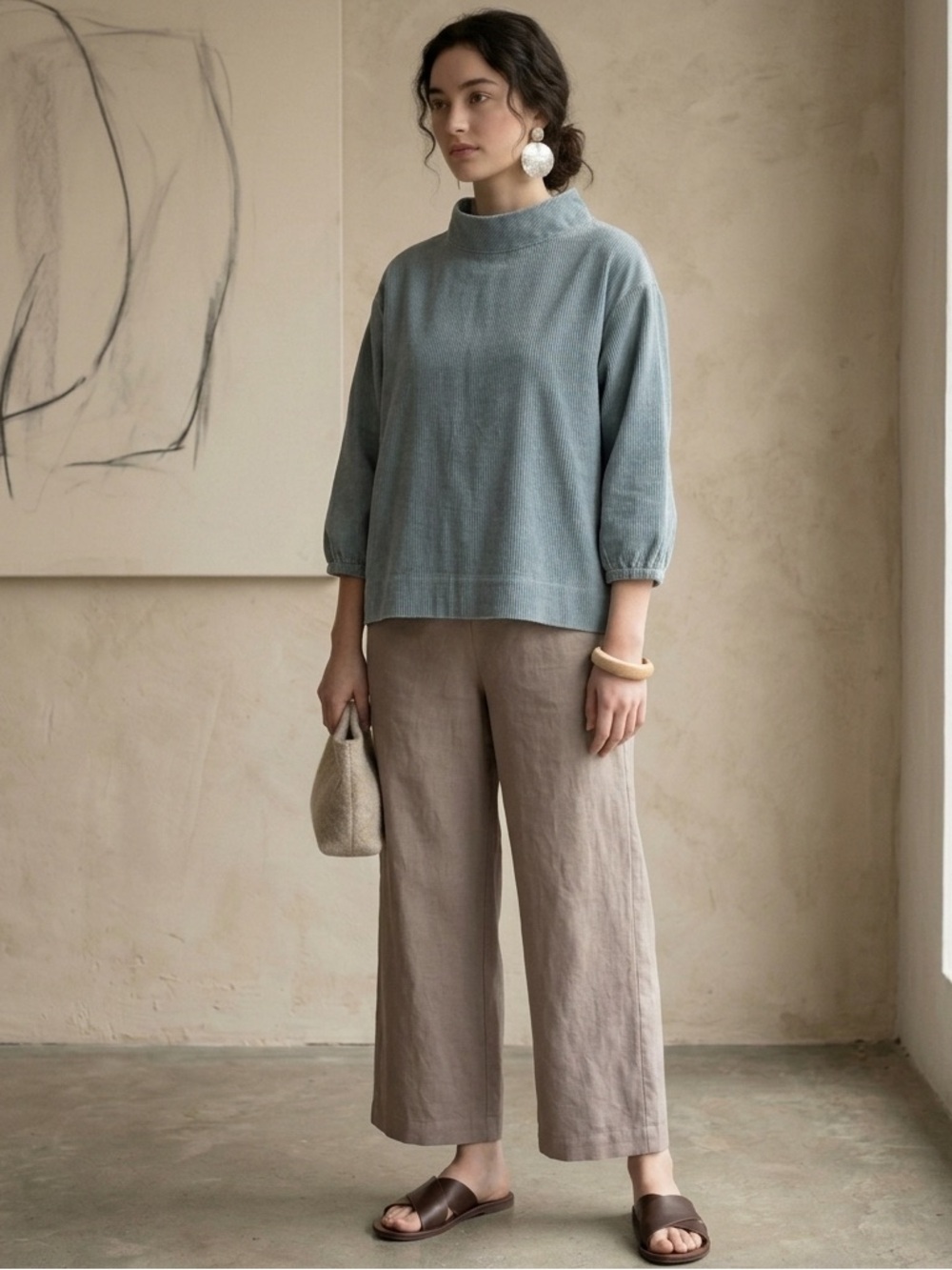 Poetry Funnel Mock Neck Corduroy Top Blue Hemp Organic Cotton Yak Lagenlook 2